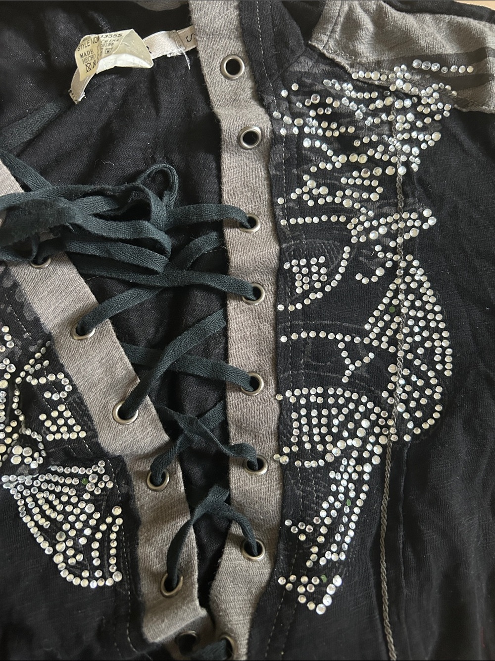 Y2K Mürmür Rhinestone Grommet Color Block Lace Up Hooded Top Grunge Goth S - Picture 12 of 14